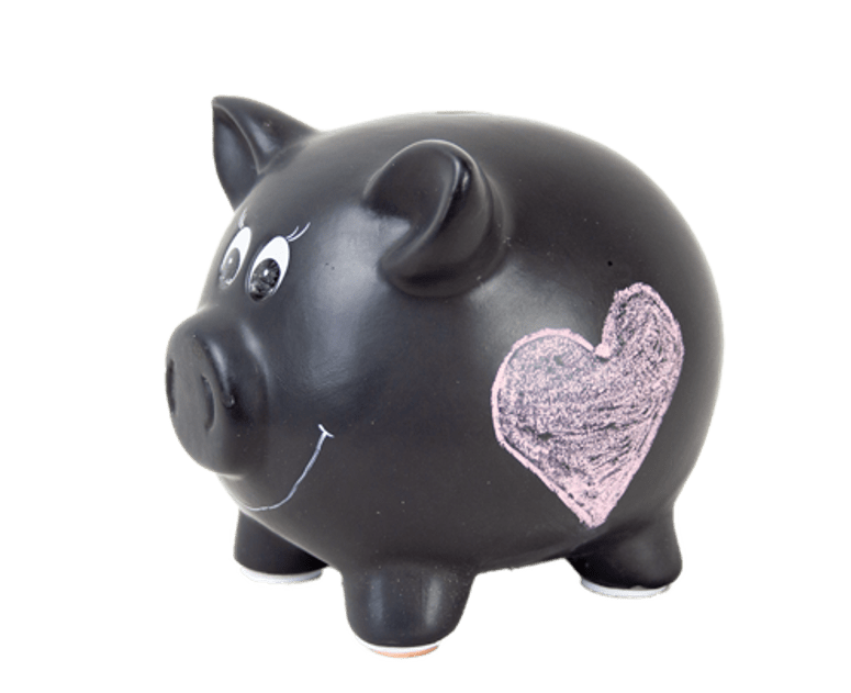 Black piggy-bank with pink heart on its side.