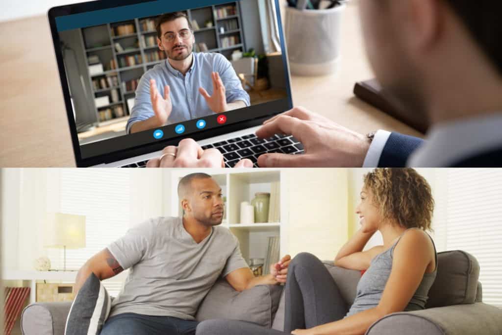 A split image showing a man talking to a second man on a Zoom call and a couple sat talking on a sofa.