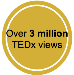 A gold circle with the words Over 3 Million TEDx views in black writing in the centre.
